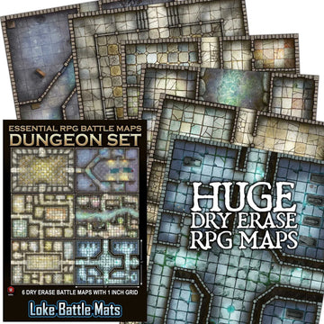 Essential RPG Battle Maps - Dungeon Set. 6 Wet/Dry Erase Battle Maps with 1 inch grid
